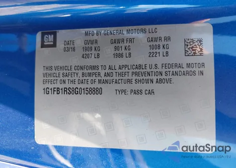 2016 Chevrolet Camaro 1Lt from USA, damaged, VIN 1G1FB1RS8G0158880
